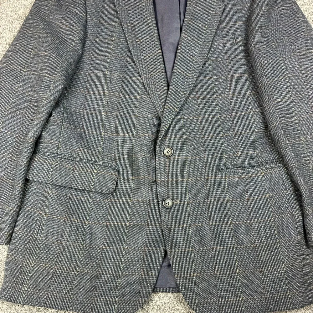 Haggar Mens Plaid Blazer Sport Coat Grey Blue Windowpane Two‎ Button Jacket 42